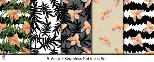 Set of 5 seamless patterns with hand drawn orchid flowers. Vector repeat patterns bundle.