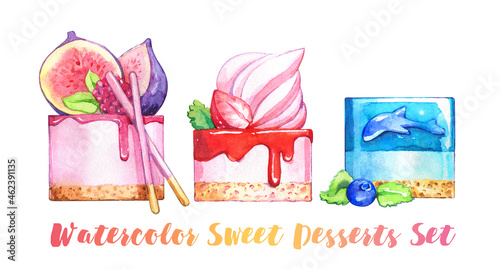 cream berries cakes panna cotta sweets logo watercolor sweet tender jelly strawberry isolated set