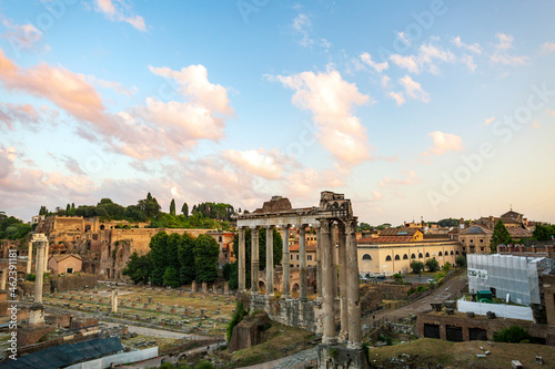 Sunset at the imperial forums in Rome. History landscapes of the Roman Empire