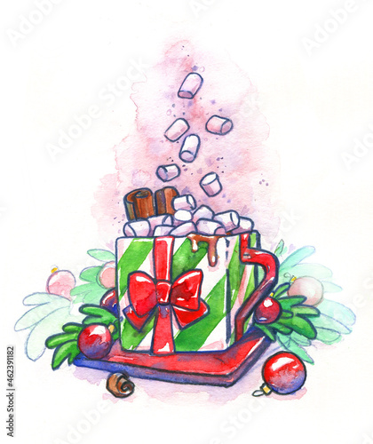 Christmas cocoa cup postcard watercolor christmas tree bow gift marshmallow carita isolated couple pink tender outline new year 2022 2023