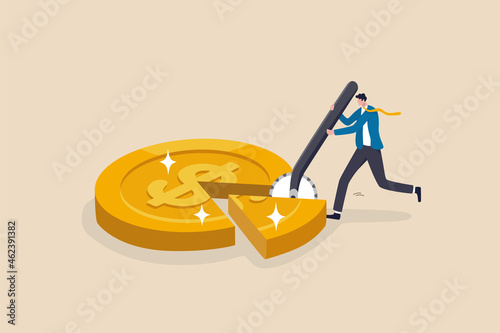 Money management, financial planning or wealth management or investment portfolio, paying for tax, loan or debt, inflation concept, businessman using pizza cutter to split golden dollar money coin. photo