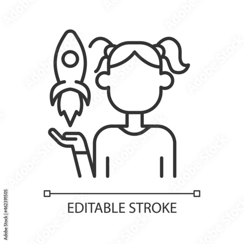Fostering kids creativity linear icon. Teach and encourage children. Kids imagination. Thin line customizable illustration. Contour symbol. Vector isolated outline drawing. Editable stroke