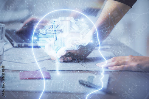 Wallpaper Mural Multi exposure of woman hands working on computer and brain hologram drawing. Ai concept. Torontodigital.ca