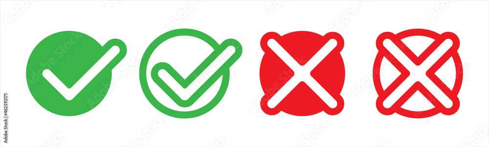 Check mark or checkbox pictogram icons set. Green tick icons. Green and red check mark icon. Circle tick approved symbol. Check mark or checkbox pictogram icons set. Green tick icons. Green and red check mark icon. Circle tick approved symbol.