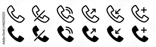 Call center icons set. Incoming, outgoing, missed, waiting call phone icon. Answer and decline phone call buttons. Vector illustration.