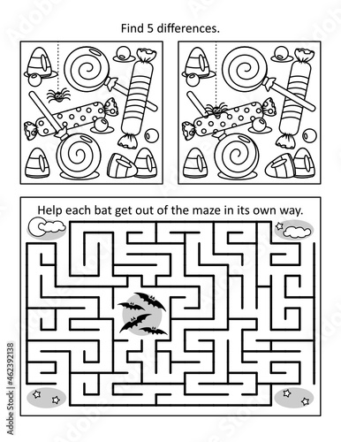 Halloween puzzle page with 2 visual puzzles or picture riddles. Maze, or labyrinth, find differences.Bats and candy. Black and white. Letter sized.
 photo