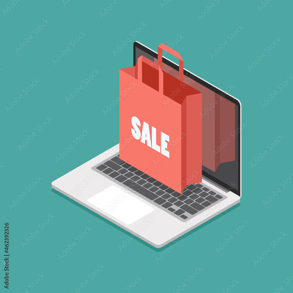 Shopping bag on laptop screen isometric view Shopping bag on laptop screen isometric view