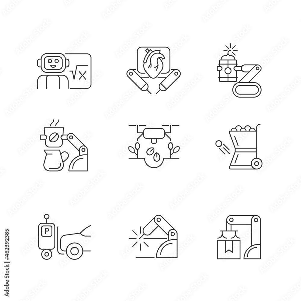 Leading technologies linear icons set. Autonomous robots in gardening and cooking. Industrial automation. Customizable thin line contour symbols. Isolated vector outline illustrations. Editable stroke