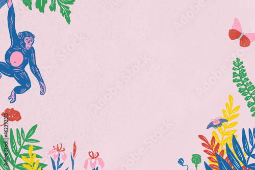 Vintage wild animals frame vector floral pink jungle background