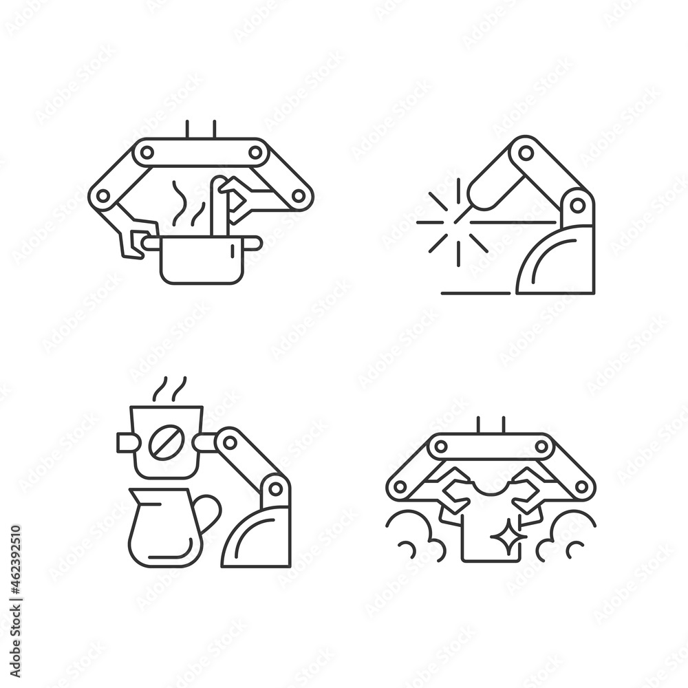 Fototapeta premium Automated mechanical devices linear icons set. Robotic kitchen. Welding robotics. Coffee making robot. Customizable thin line contour symbols. Isolated vector outline illustrations. Editable stroke