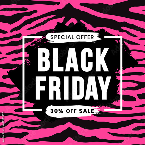 Black friday sale square banner design with black grunge brushstroke on sexy pink tiger skin striped texture background. Vector social media template for flyer, discount, promotion, poster, web advert
