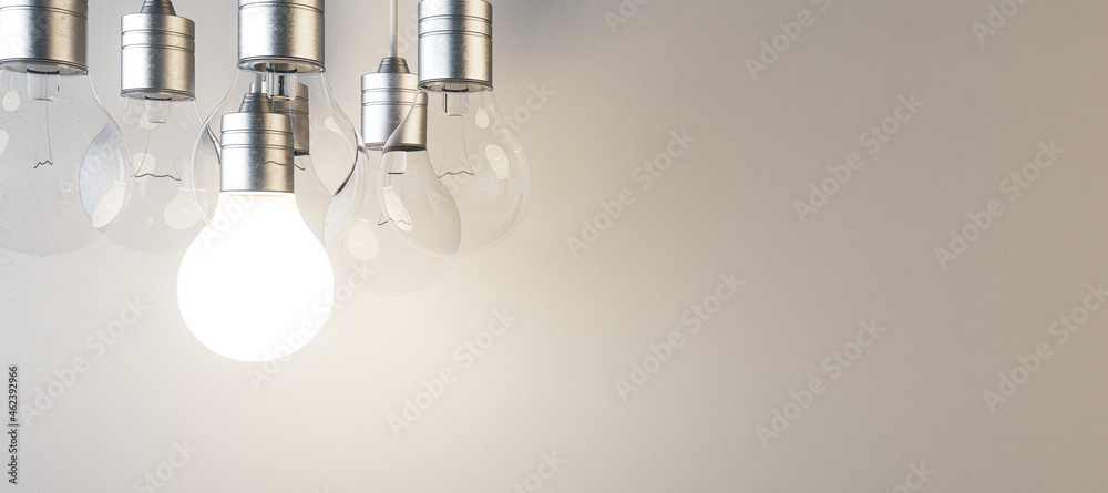 Glowing lightbulb on blurry panoramic concrete wall background. Idea, innovation, solution and invention concept. Mock up, 3D Rendering. - obrazy, fototapety, plakaty 