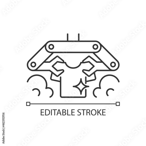 Laundry robot linear icon. Folding clothes with robotic arms. Using artificial intelligence. Thin line customizable illustration. Contour symbol. Vector isolated outline drawing. Editable stroke
