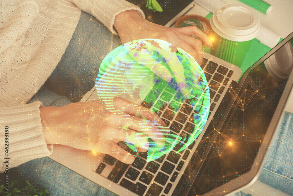 Double exposure of woman hands typing on computer and social network theme hologram drawing. People media concept. Double exposure of woman hands typing on computer and social network theme hologram drawing. People media concept.