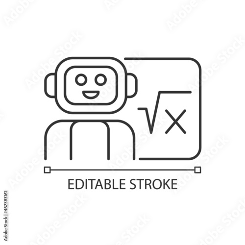 Robotics in education linear icon. Robot teacher. Implement artificial intelligence in classroom. Thin line customizable illustration. Contour symbol. Vector isolated outline drawing. Editable stroke