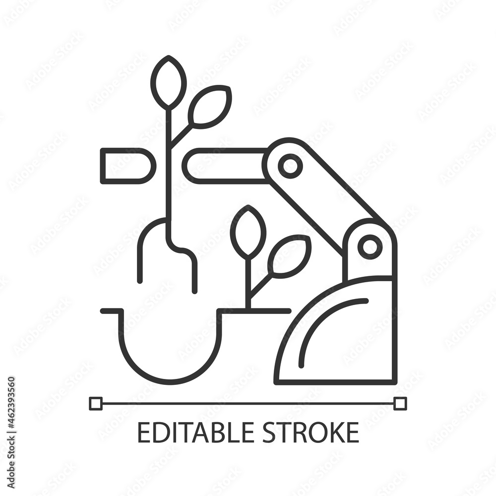 Robots for planting linear icon. Improve agricultural production. Automatic harvesting, seeding. Thin line customizable illustration. Contour symbol. Vector isolated outline drawing. Editable stroke Robots for planting linear icon. Improve agricultural production. Automatic harvesting, seeding. Thin line customizable illustration. Contour symbol. Vector isolated outline drawing. Editable stroke