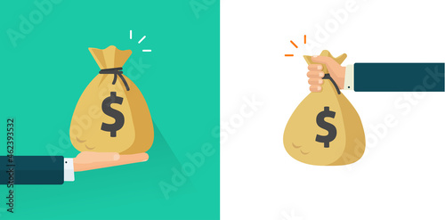 Man hand giving and holding money vector, business person arm receiving cash bag gift or salary flat cartoon illustration set, credit grant idea or loan give with bank person as surprise or win prize photo