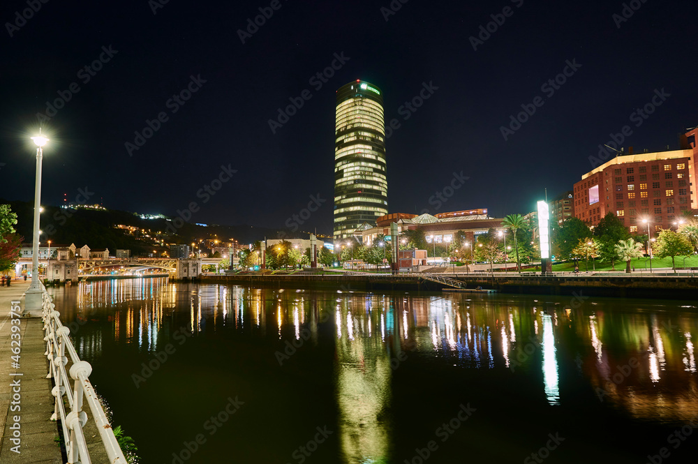Nervion river and the Iberdrola tower at night, Bilbao