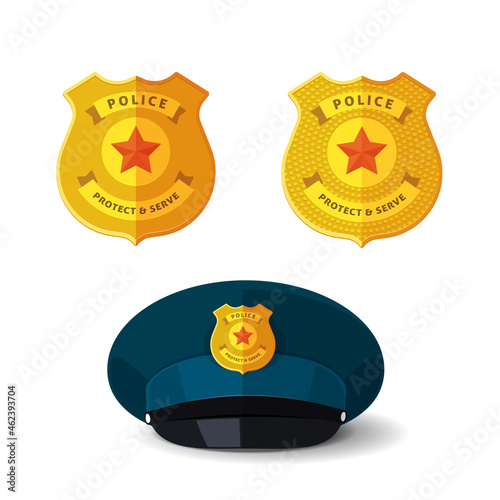 Golden police badge vector isolated or special security officer cop and sheriff metallic emblem on realistic hat cap flat cartoon illustration clipart, policeman gold modern star sign
