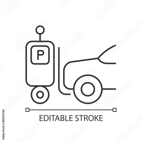 Parking robot linear icon. Self-driving forklift. Automated parking system. Robotic valet. Thin line customizable illustration. Contour symbol. Vector isolated outline drawing. Editable stroke