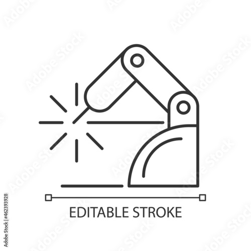 Welding robotics linear icon. Robotic application in manufacturing sector. Automating factory. Thin line customizable illustration. Contour symbol. Vector isolated outline drawing. Editable stroke