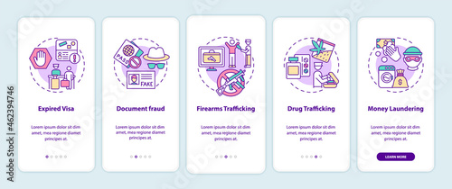 Reasons for deportation onboarding mobile app page screen. Legislation walkthrough 5 steps graphic instructions with concepts. UI, UX, GUI vector template with linear color illustrations photo