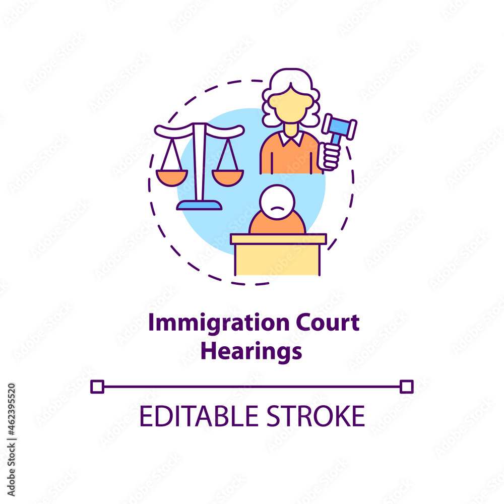 Immigration court hearings concept icon. Judicial procedure on immigration cases. Deportation abstract idea thin line illustration. Vector isolated outline color drawing. Editable stroke Immigration court hearings concept icon. Judicial procedure on immigration cases. Deportation abstract idea thin line illustration. Vector isolated outline color drawing. Editable stroke