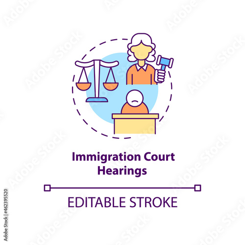 Immigration court hearings concept icon. Judicial procedure on immigration cases. Deportation abstract idea thin line illustration. Vector isolated outline color drawing. Editable stroke