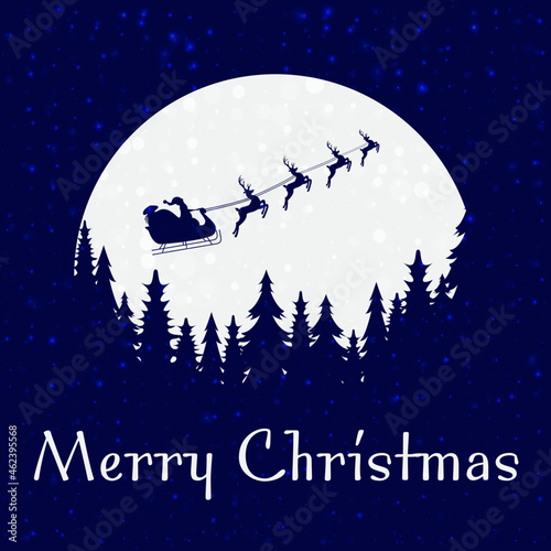 Santa is flying through the night sky under the Christmas forest. Santa sleigh driving over  a line drawing woods near the big moon in the night. Eps 10.