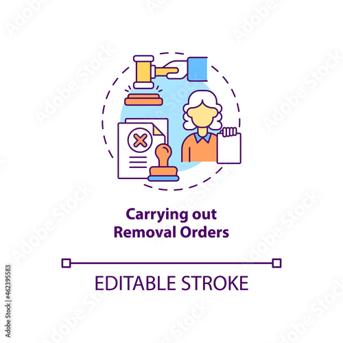 Carrying out removal orders concept icon. Courthouse case hearing on migration. Deportation procedure abstract idea thin line illustration. Vector isolated outline color drawing. Editable stroke