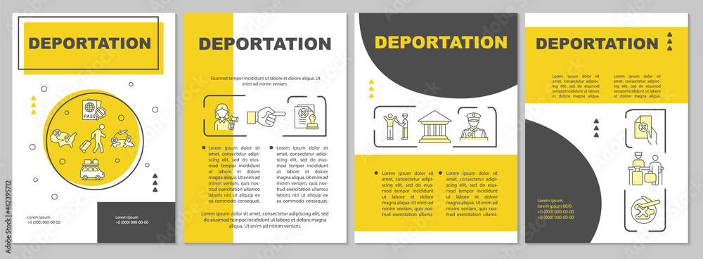 Departure brochure template. Official removal from country. Flyer, booklet, leaflet print, cover design with linear icons. Vector layouts for presentation, annual reports, advertisement pages - obrazy, fototapety, plakaty 