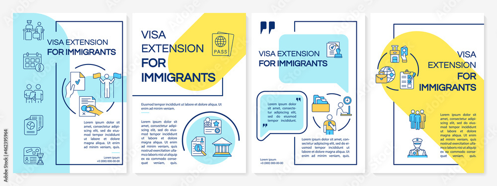 Visa extension brochure template. Border entry permission. Flyer, booklet, leaflet print, cover design with linear icons. Vector layouts for presentation, annual reports, advertisement pages
