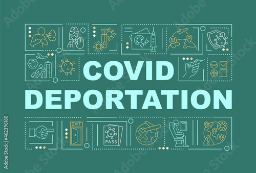 Covid deportation green word concepts banner. Global pandemic. Infographics with linear icons on green background. Isolated creative typography. Vector outline color illustration with text