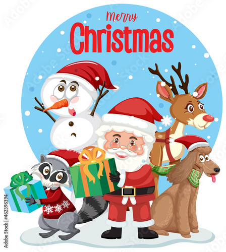 Merry Christmas text logo with Santa Claus and friends