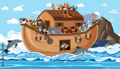 Noah's Ark with animals in the ocean scene