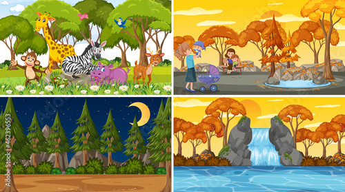 Set of different nature scenes background with people