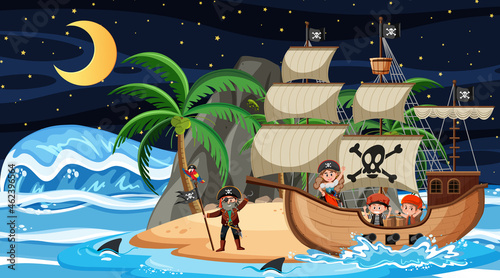 Island with Pirate ship at night scene in cartoon style