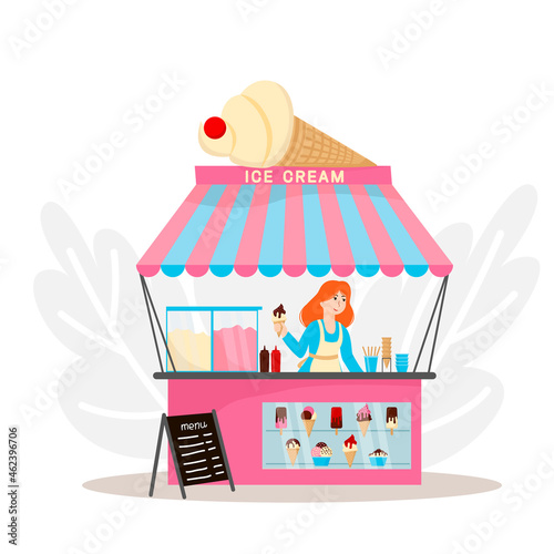 
Ice cream stall with different types of ice cream and a saleswoman. Vector illustration in a flat style.