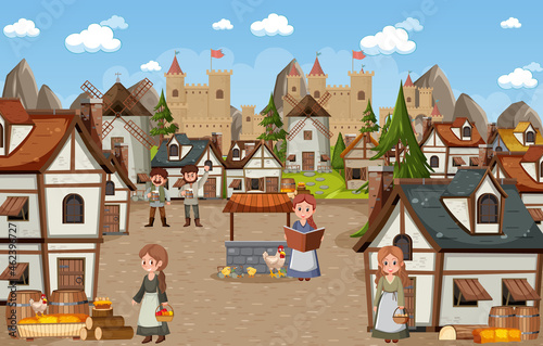 Medieval town scene with villagers