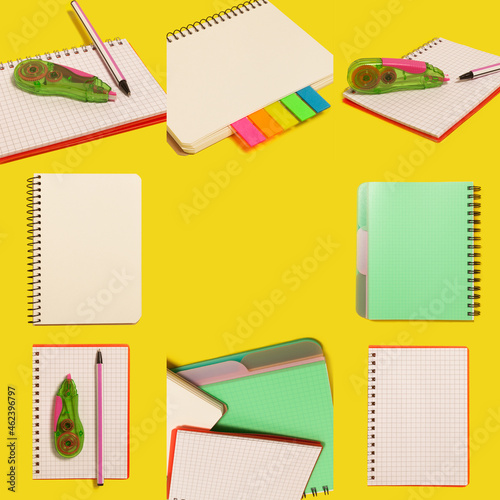 stationery on yellow background. instagram layout. school concept