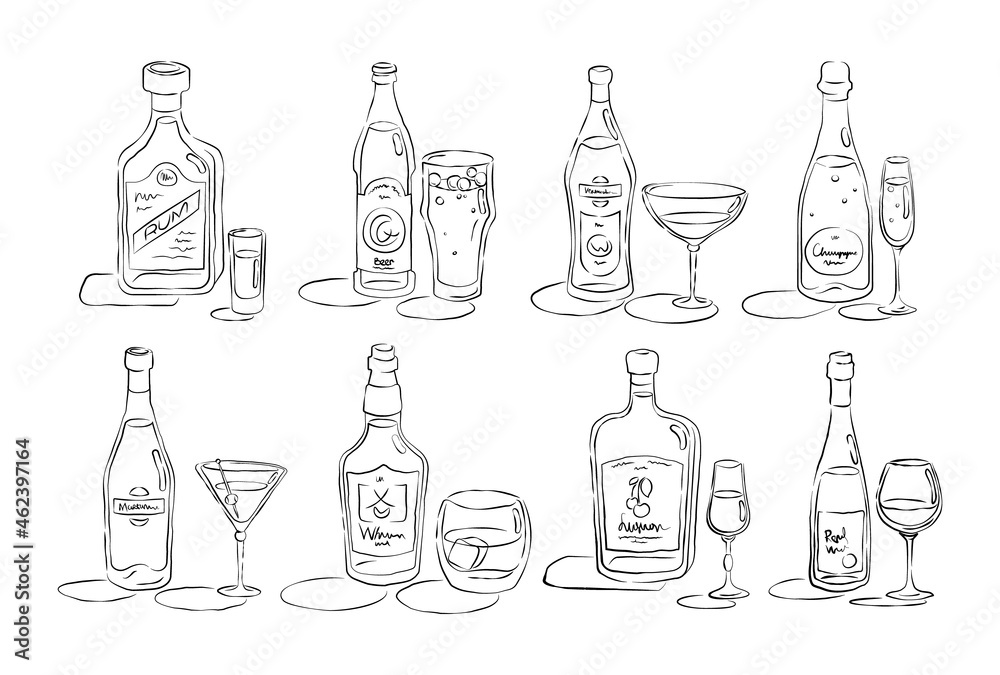 Bottle and glass rum, beer, vermouth, champagne, martini, whiskey, liquor, wine together in hand drawn style. Beverage outline icon. Line art sketch on white background Bottle and glass rum, beer, vermouth, champagne, martini, whiskey, liquor, wine together in hand drawn style. Beverage outline icon. Line art sketch on white background