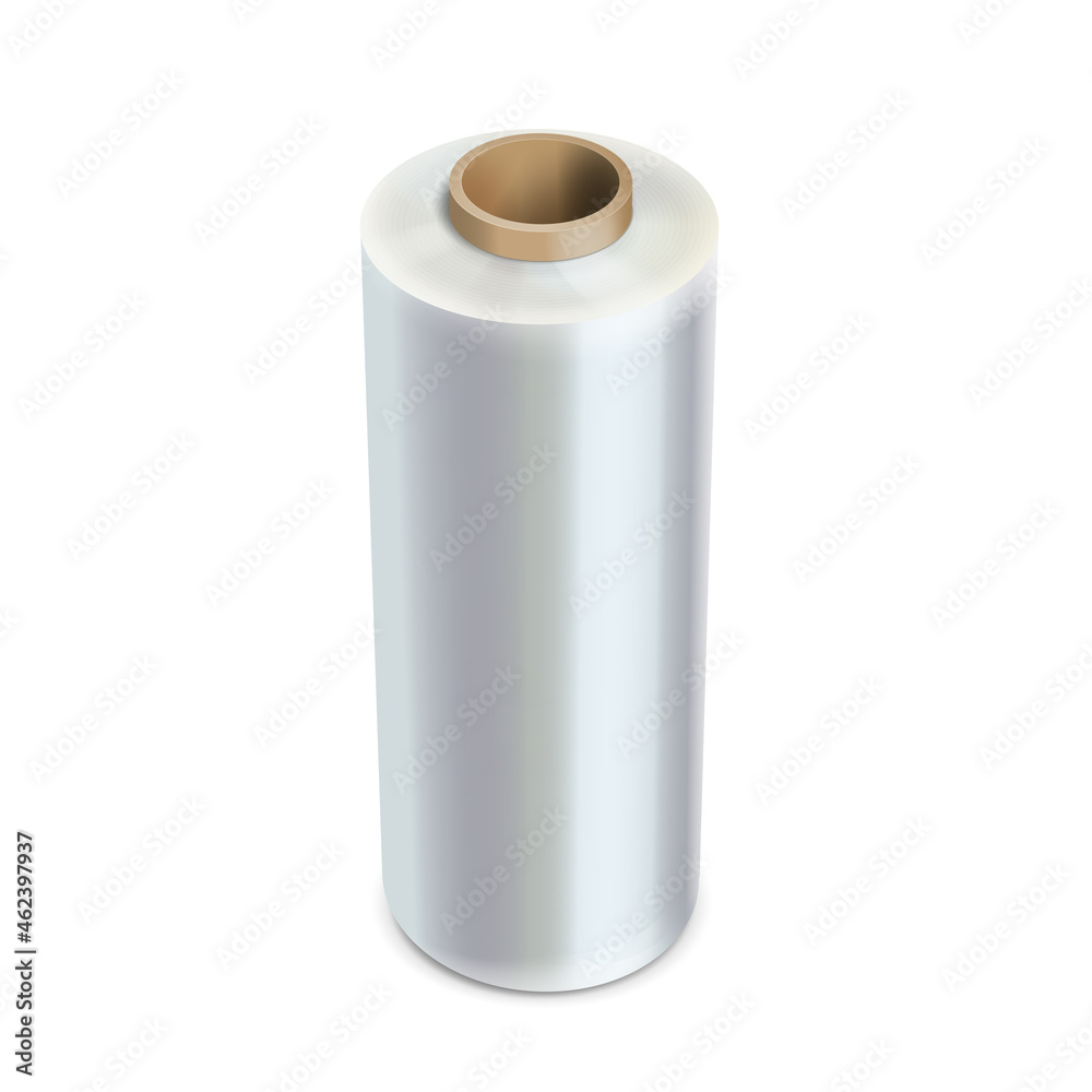 Roll of wrapping plastic stretch film isolated. Transparent packaging cellophane spool, for kitchen Vector illustration Roll of wrapping plastic stretch film isolated. Transparent packaging cellophane spool, for kitchen Vector illustration