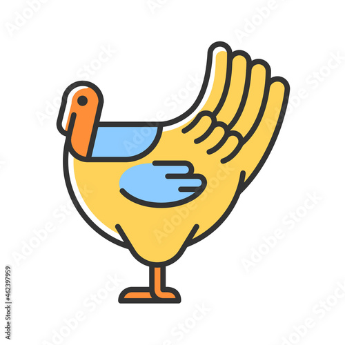 Male turkey RGB color icon. Commercial poultry farming for food. Domestic bird growing for meat. Thanksgiving dinner with turkey. Isolated vector illustration. Simple filled line drawing