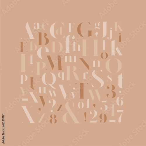Stylish elegant font, english alphabet. uppercase, lowercase letters and numbers coffee color mix