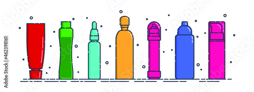 Cosmetic container. Body care hygiene. Set blank package bottle. Seven plastic makeup jar product. Color beauty medicine package. Oil, gel, shampoo. Treatment mockup design. Outline object