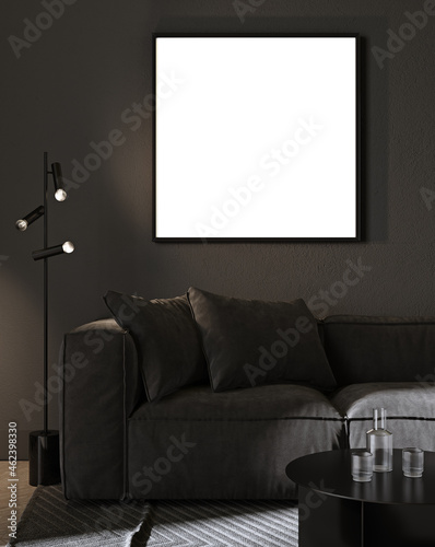 Fototapeta Naklejka Na Ścianę i Meble -  Blank square picture frame mock up in Modern room interior background with black wall and stylish black sofa and design  coffee table, elegant, luxury, 3d rendering
