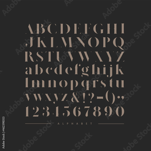 Stylish elegant font, english alphabet. uppercase, lowercase letters and numbers brown