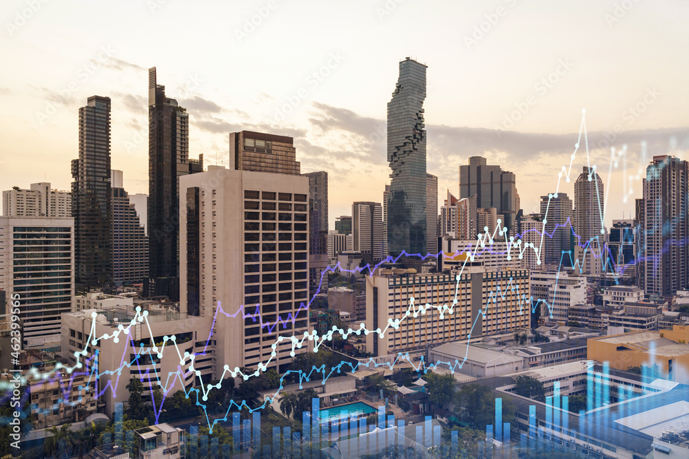 Fototapeta premium Glowing FOREX graph hologram, aerial panoramic cityscape of Bangkok at sunset. Stock and bond trading in Southeast Asia. The concept of fund management. Double exposure.