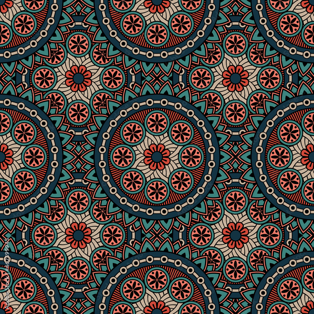 Abstract seamless mandala background. Texture in red and blue colors. Oriental pattern for design, fashion print, scrapbooking