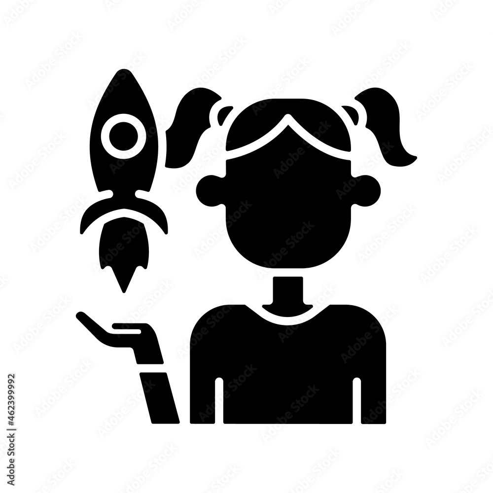 Fostering kids creativity black glyph icon. Teach and encourage children. Support child in hobby and education. Kids imagination. Silhouette symbol on white space. Vector isolated illustration Fostering kids creativity black glyph icon. Teach and encourage children. Support child in hobby and education. Kids imagination. Silhouette symbol on white space. Vector isolated illustration